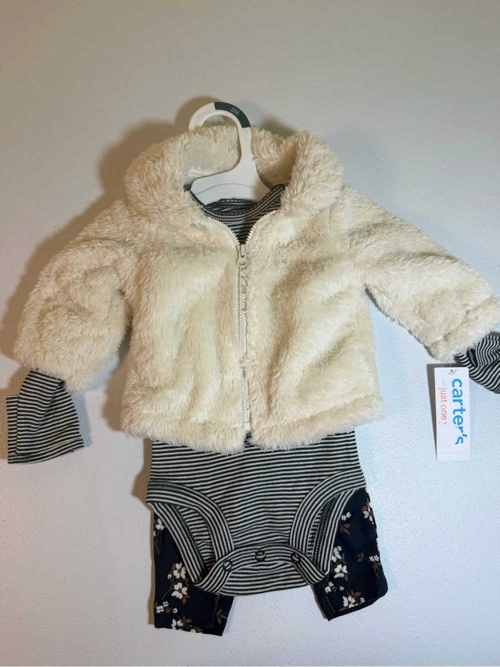 Cat & Jack Cream Sherpa Baby Hoodie with Navy Floral Leggings & Onesie 3M NWT
